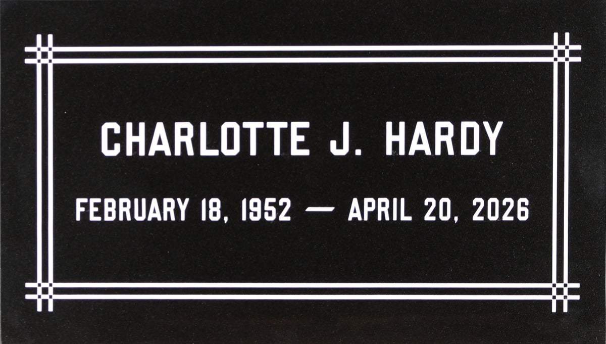 Black granite memorial stone with woven line border, Hardy family, Montecito Memorial Park