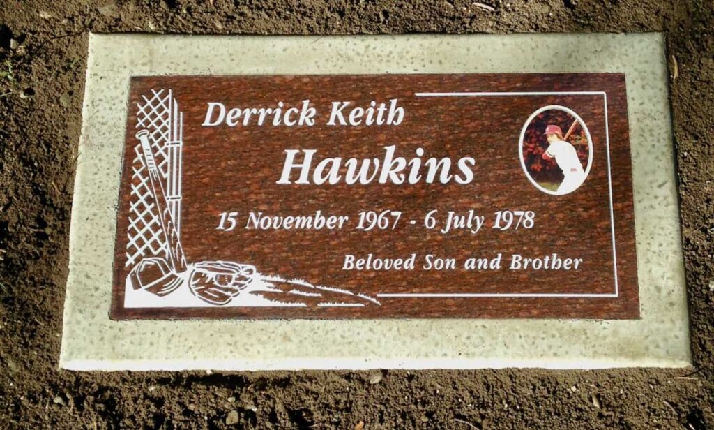 Sentinel Red granite memorial marker with baseball portrait, Hawkins family, Oak Park Cemetery