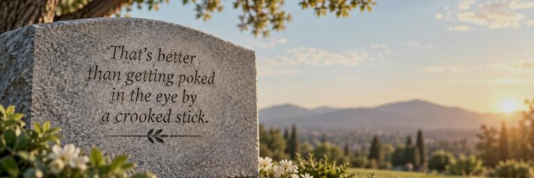 Gray granite upright headstone engraved with the words That’s better than getting poked in the eye by a crooked stick, in a Southern California cemetery at sunset