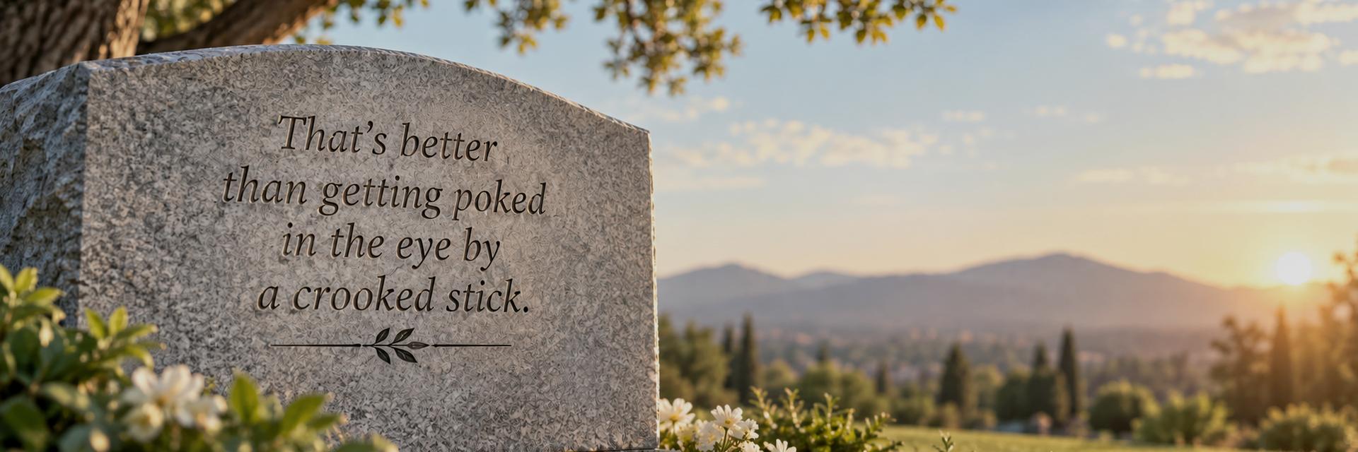 Gray granite upright headstone engraved with the words That’s better than getting poked in the eye by a crooked stick, in a Southern California cemetery at sunset