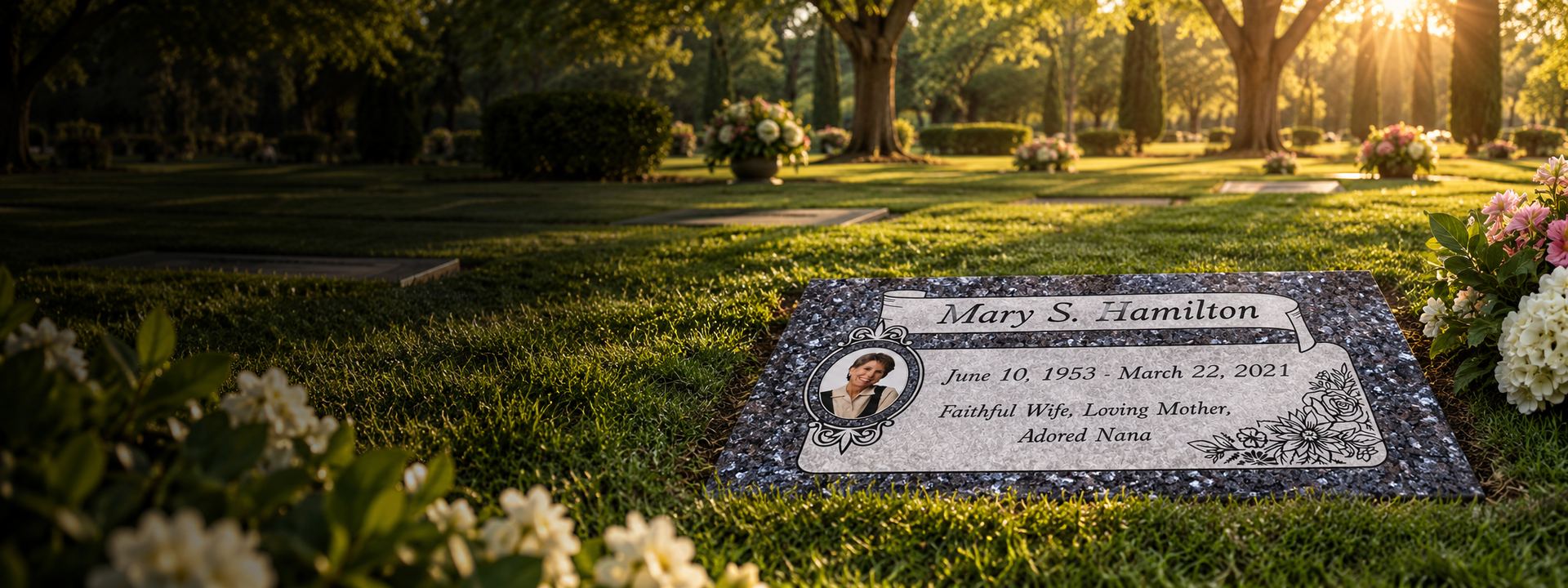 Blue pearl granite flat headstone with a scroll name panel, porcelain portrait and floral carving, set in a lawn cemetery at sunset