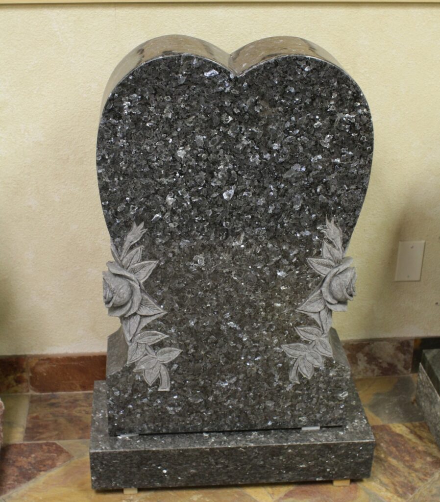 Blue Pearl granite upright monument with heart with roses