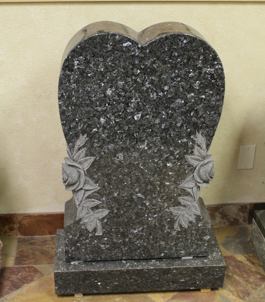 Blue Pearl granite upright monument with heart with roses