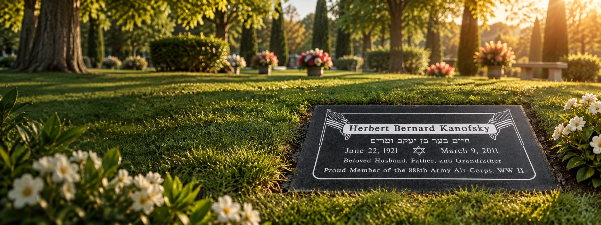 Black granite flat headstone engraved in English and Hebrew with a Star of David and American flags, set in a lawn cemetery at sunset