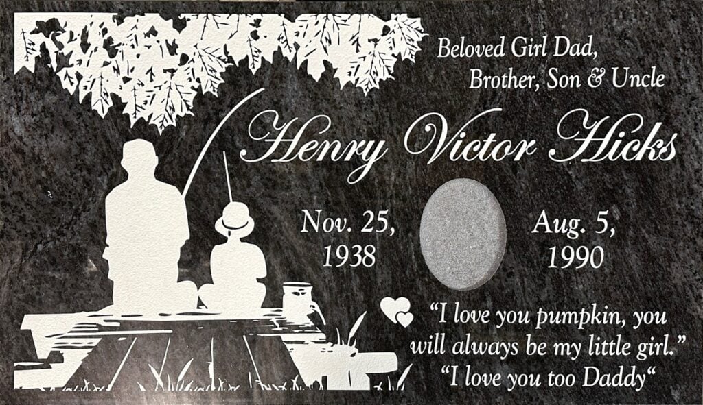 Bahama Blue granite grave stone with father daughter fishing, Hicks family, Rose Hills Memorial Park