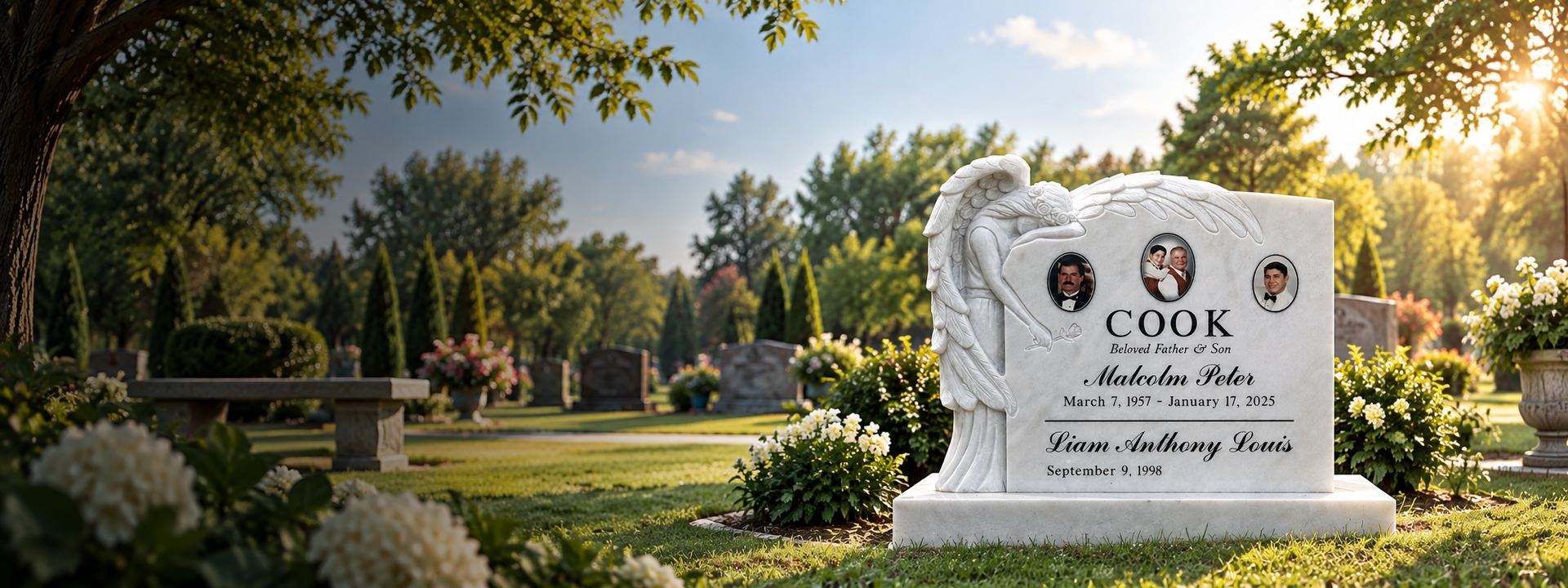 White marble upright monument with a carved weeping angel, three porcelain portraits and family inscriptions in a sunlit cemetery