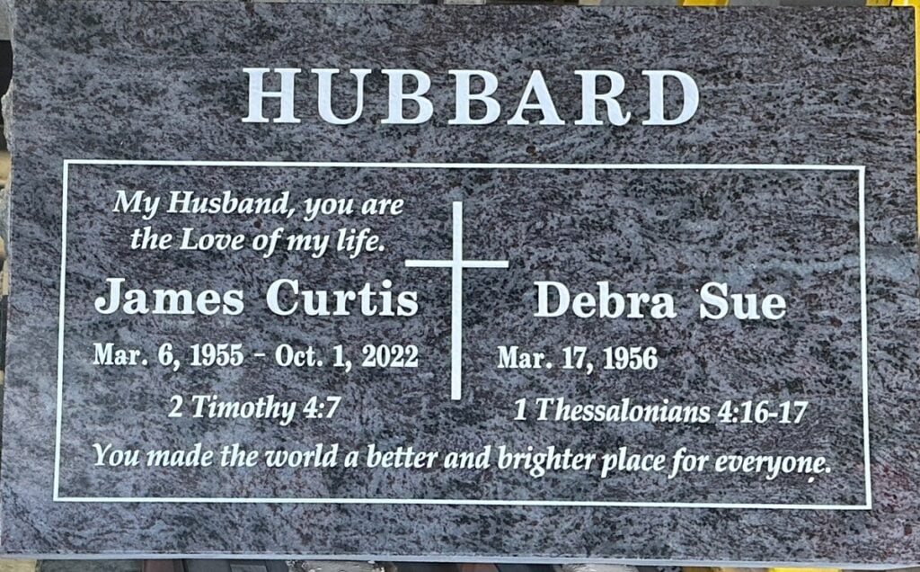 Bahama Blue granite companion headstone with cross and scripture, Hubbard family, Crestlawn Memorial Park