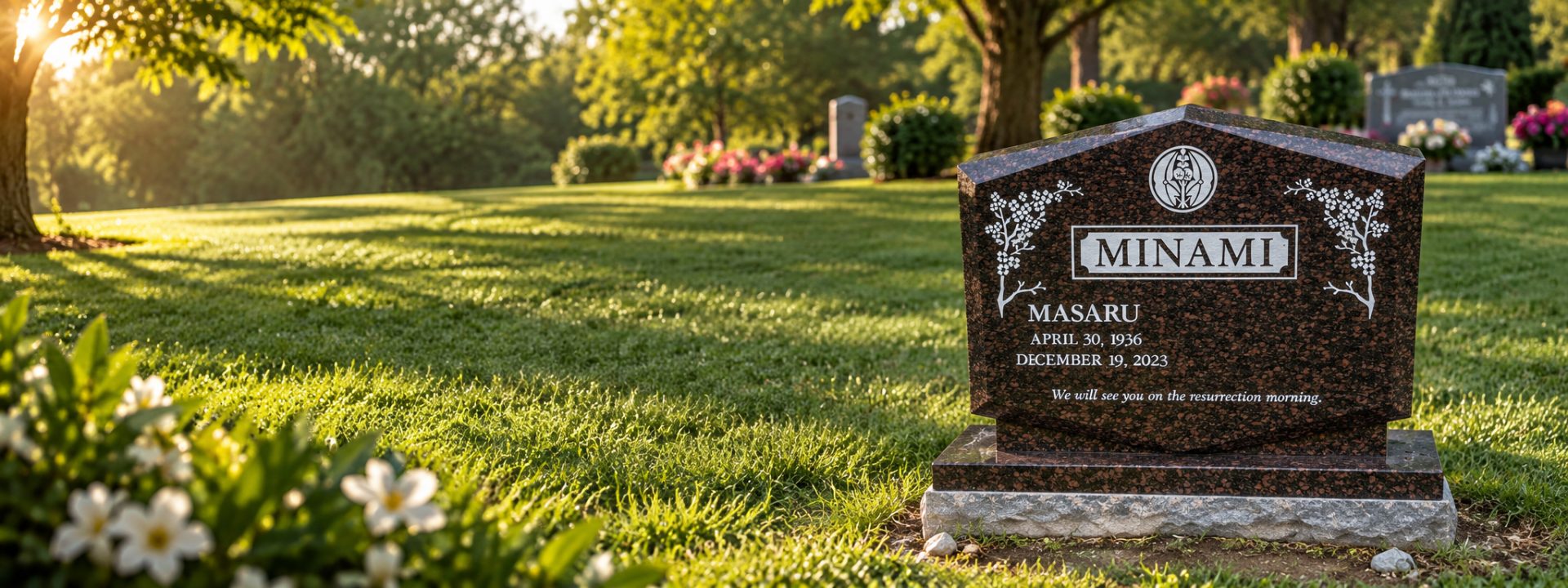 Mahogany granite upright headstone with cherry blossom branches and a family crest above the name panel, set in a lawn cemetery at sunset