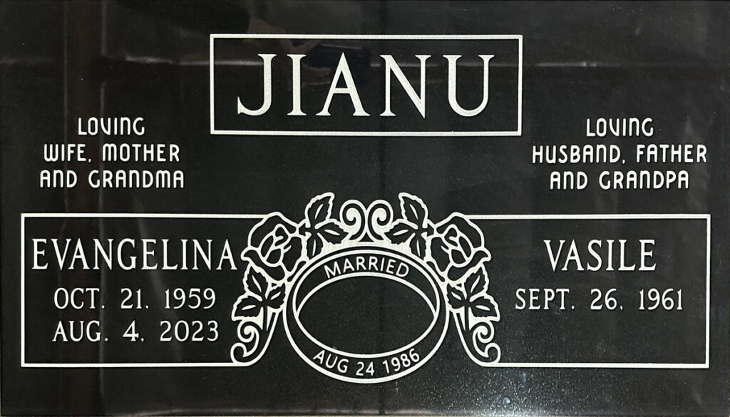 Black granite companion memorial stone with wedding rings and roses, Jianu family, Oak Park Cemetery