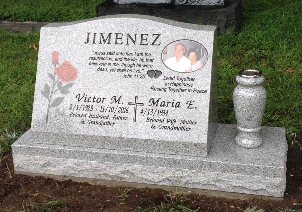 Southern White granite companion slant memorial with rose and cross portrait, Jimenez family, Oak Park Cemetery