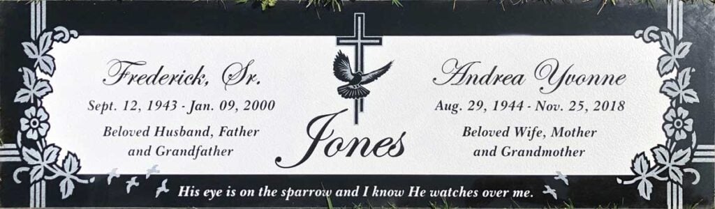 Black granite companion headstone with dogwood flowers, Jones family, Rose Hills Memorial Park