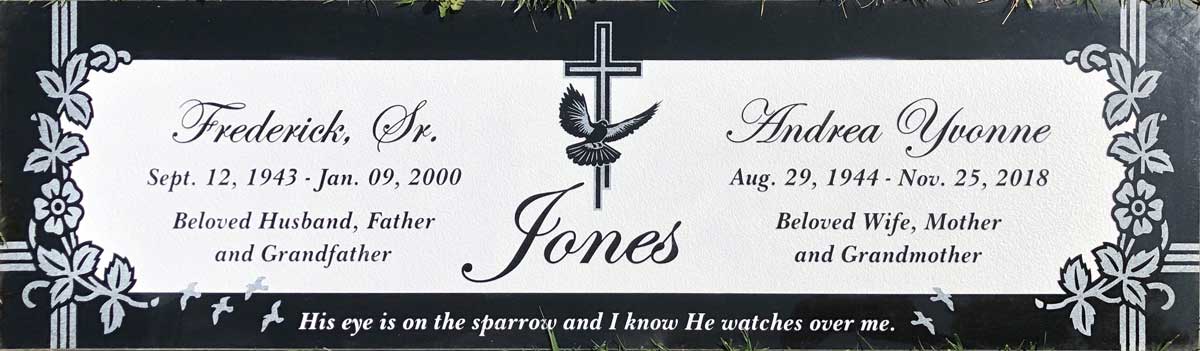Black granite companion headstone with dogwood flowers, Jones family, Rose Hills Memorial Park