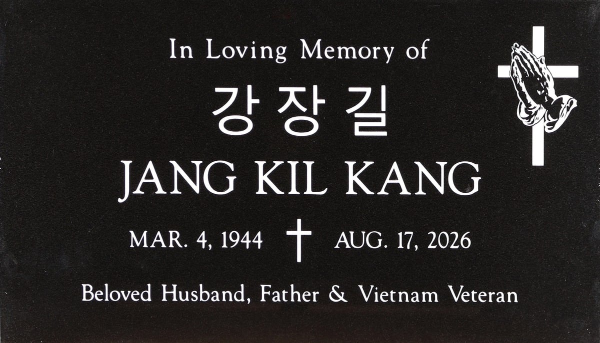 Black granite grave marker with praying hands cross, Kang family, Rose Hills Memorial Park