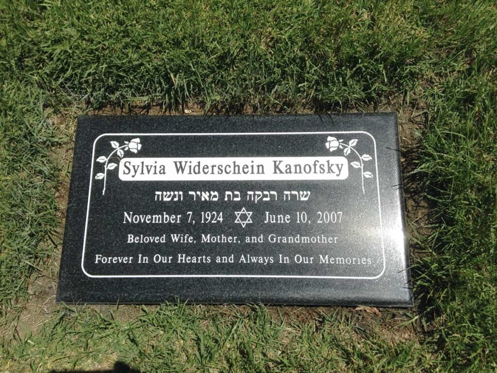 Black granite grave marker with rose vines, Kanofsky family, Pacific View Memorial Park