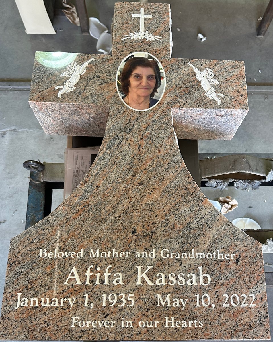 Red Multicolor granite upright monument with cross with cherubs and portrait, Kassab family, Desert View Memorial Park