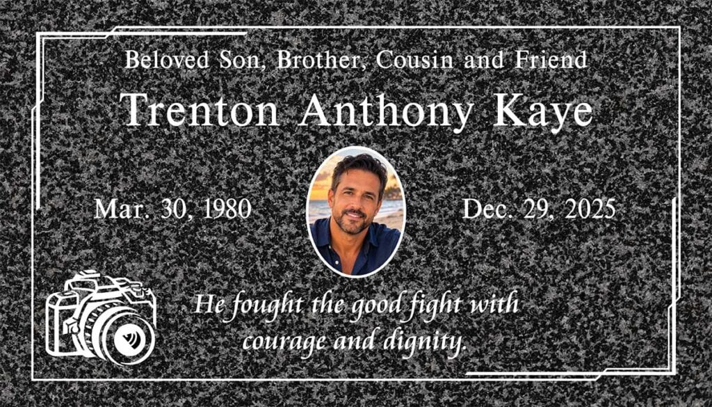 Oxford Gray granite grave memorial with camera portrait, Kaye family, Pacific View Memorial Park