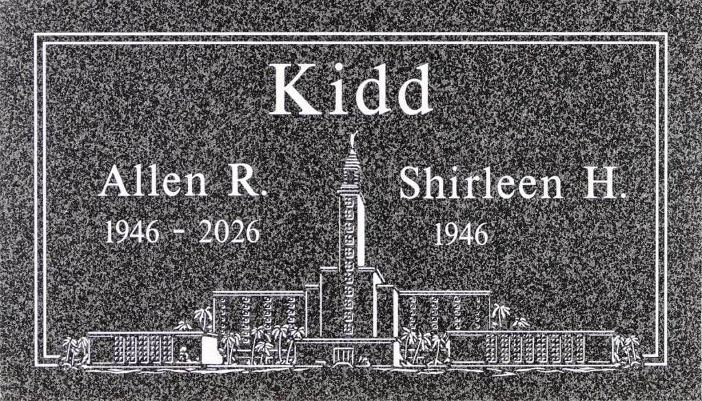 Oxford Gray granite companion memorial marker with etched temple scene, Kidd family, Memory Garden Memorial Park