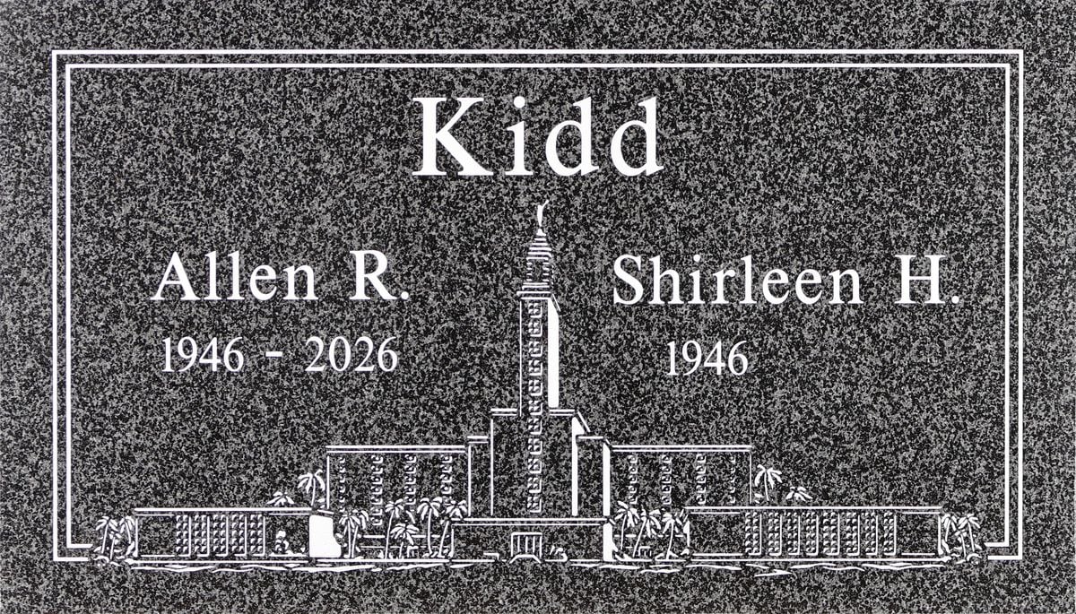 Oxford Gray granite companion memorial marker with etched temple scene, Kidd family, Memory Garden Memorial Park