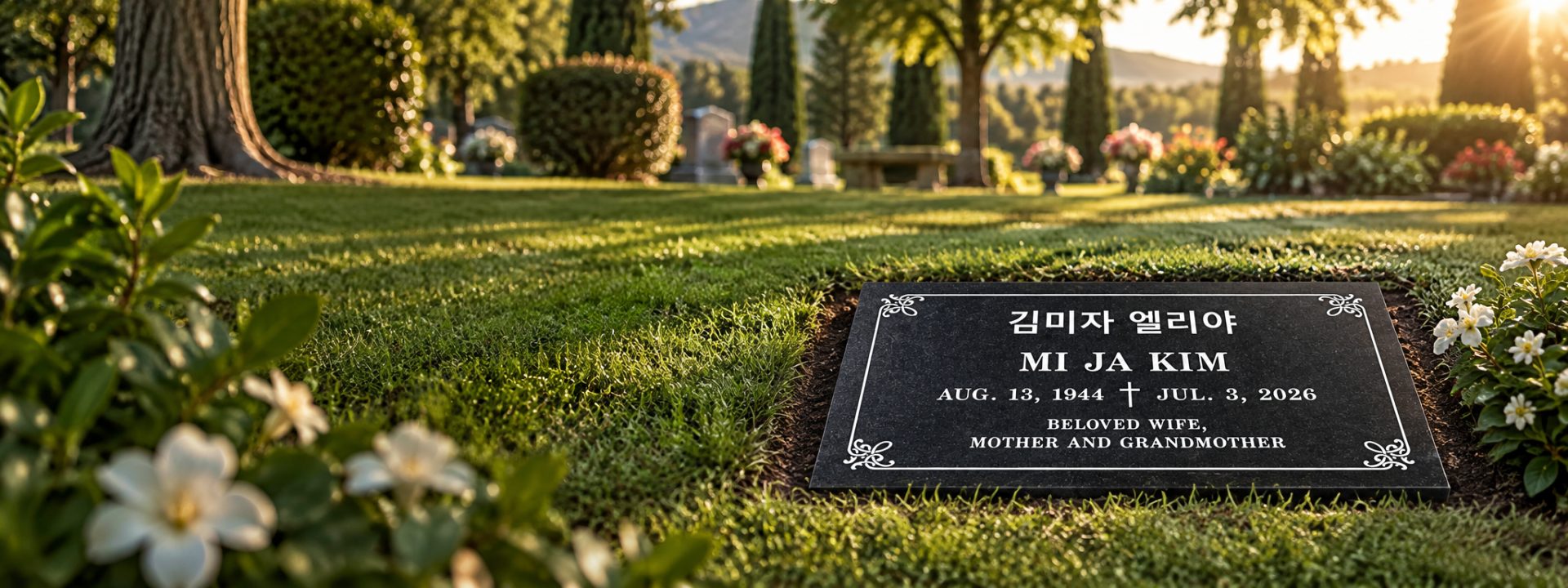 Black granite flat headstone engraved in Korean and English with floral corner accents, set in a lawn cemetery at sunset