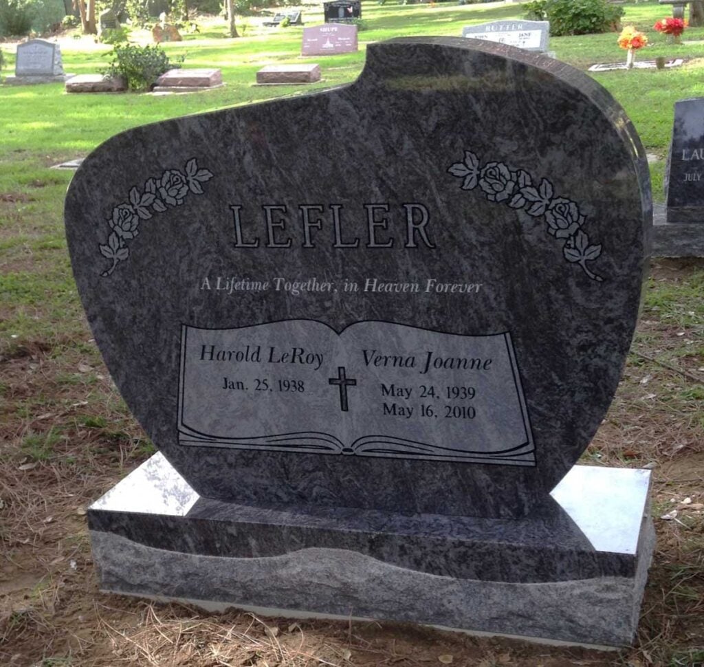 Bahama Blue granite companion upright monument with open book and roses, Lefler family, Oak Park Cemetery
