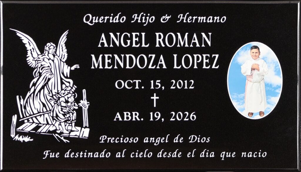 Black granite memorial stone with guardian angel, Lopez family, Holy Cross Cemetery