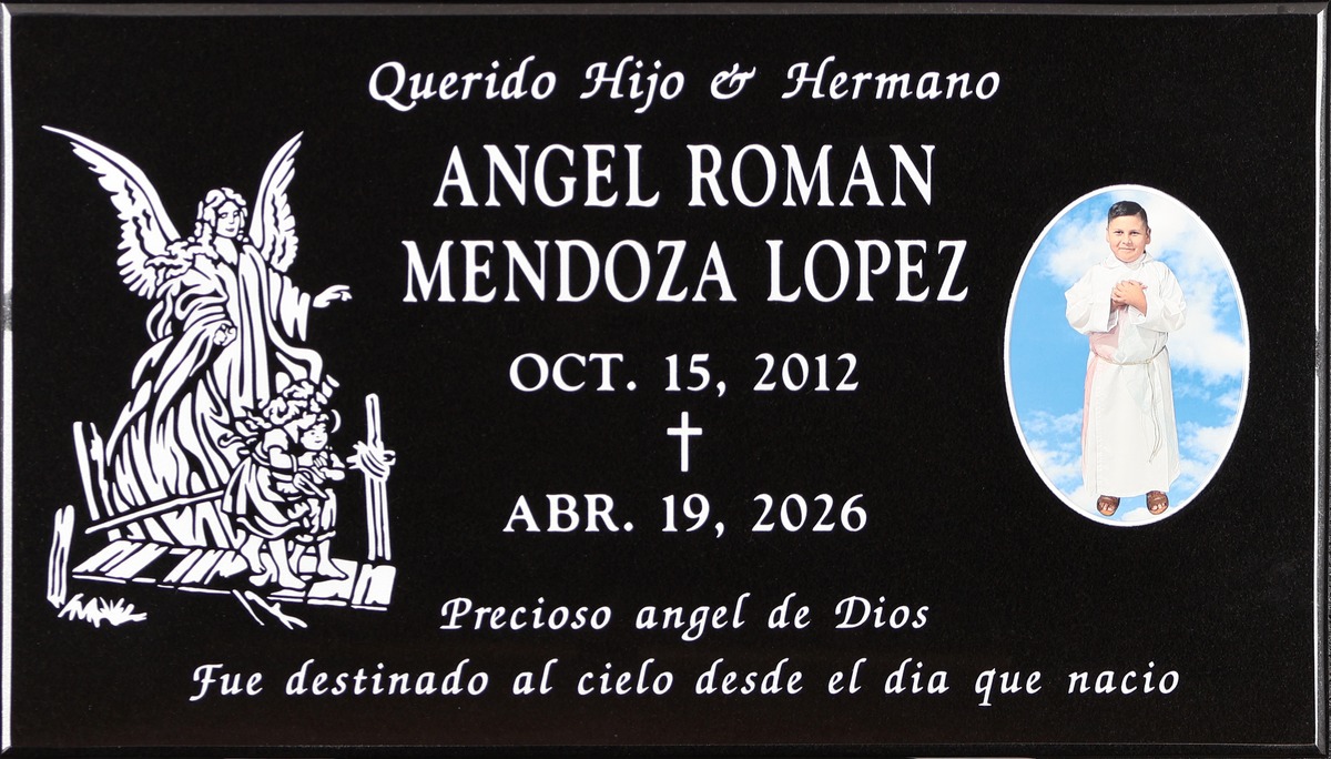 Black granite memorial stone with guardian angel, Lopez family, Holy Cross Cemetery