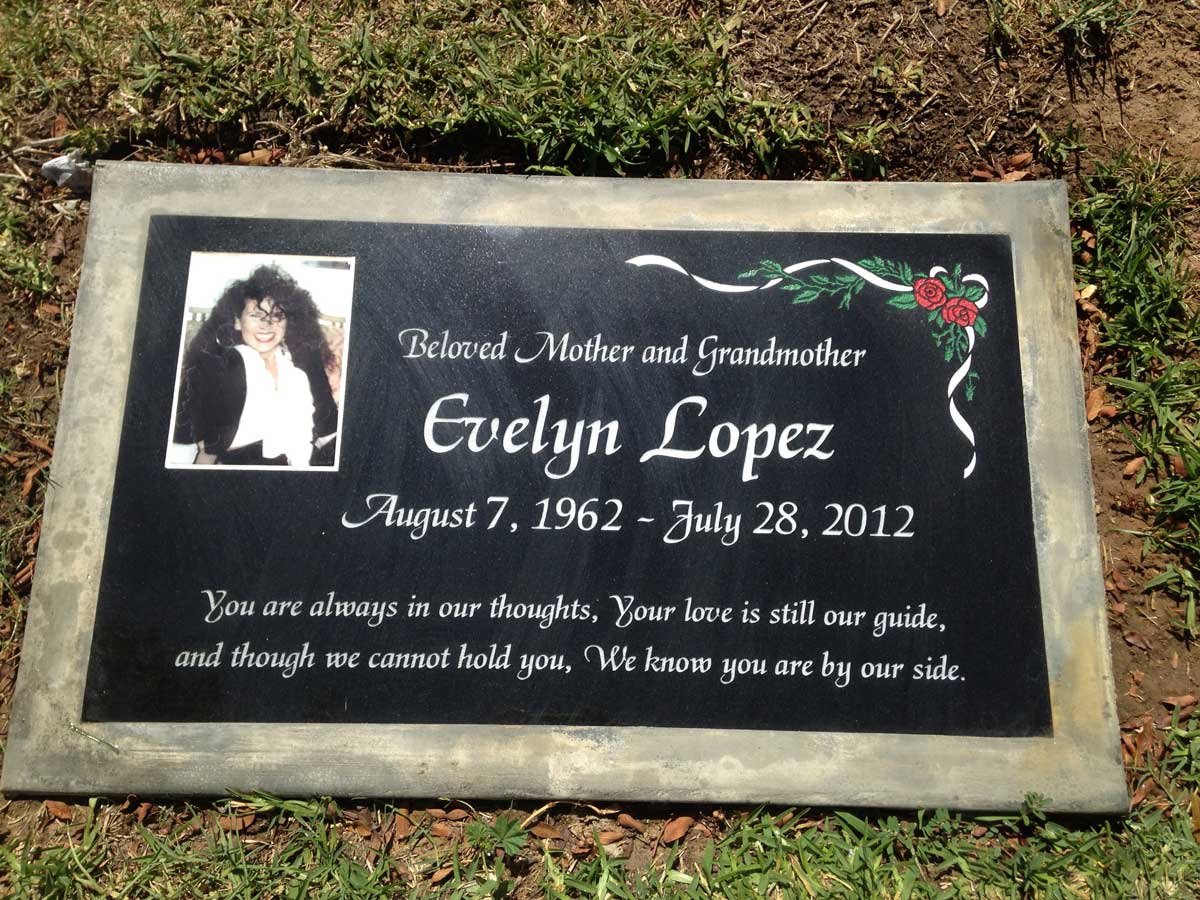 Black granite memorial stone with portrait and roses, Lopez family, Loma Vista Memorial Park