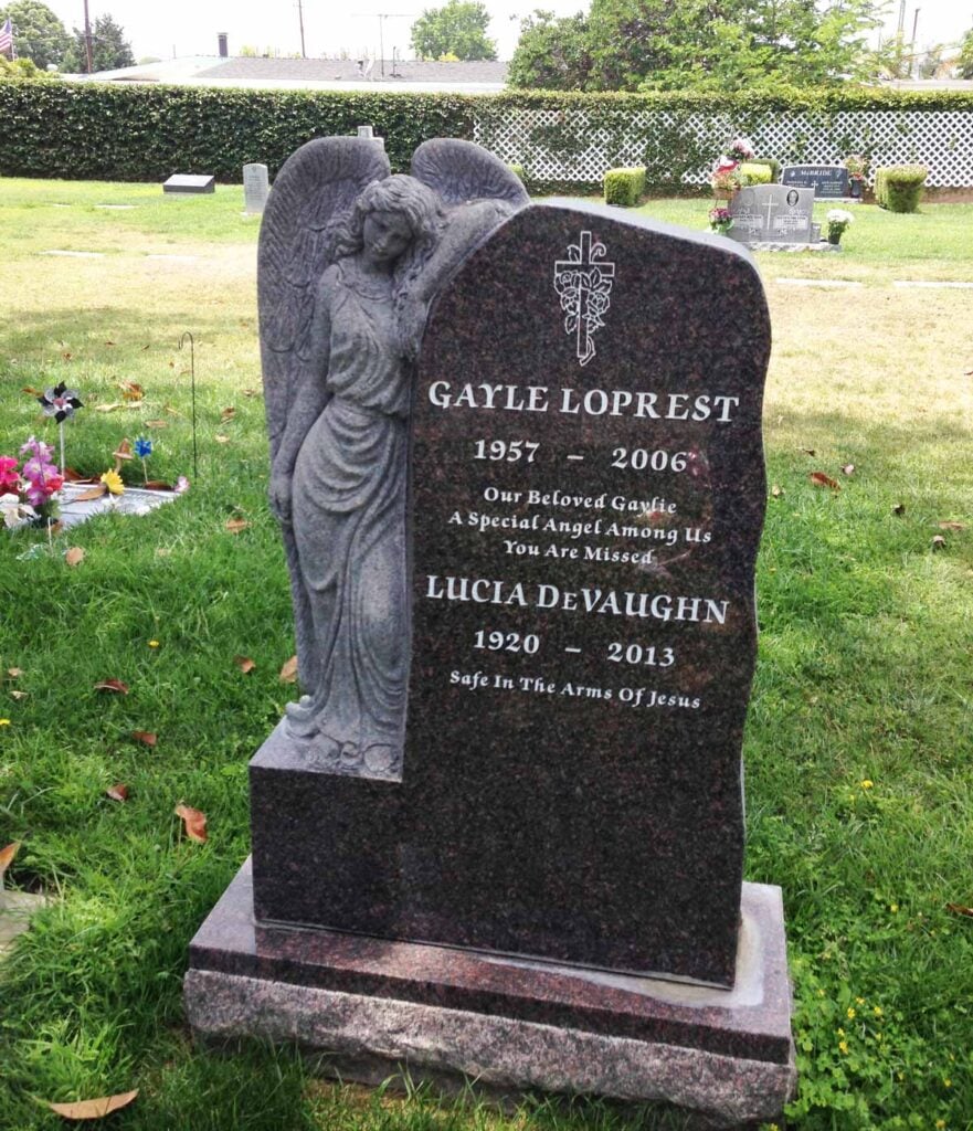 Tan Brown granite companion upright monument with sculpted standing angel, Loprest family, Oak Park Cemetery