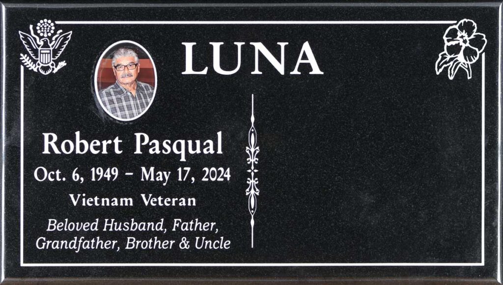 Black granite companion grave marker, Luna family