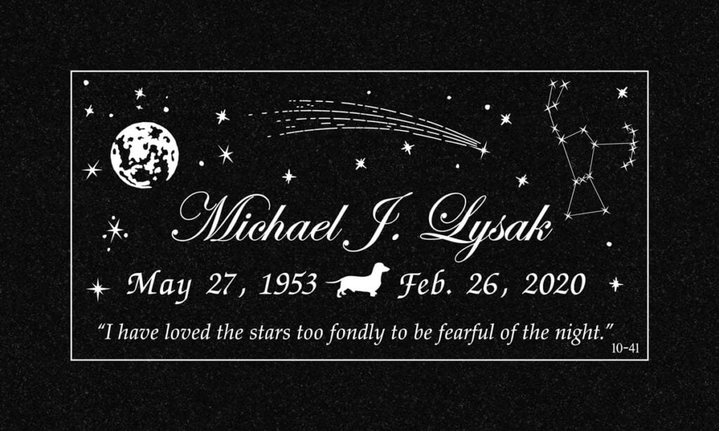 Black granite grave memorial with moon and stars, Lysak family, Hillside Memorial Park