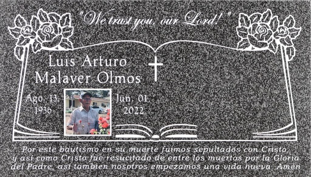 Oxford Gray granite headstone with open bible and roses, Malaver family, Queen of Heaven Catholic Cemetery