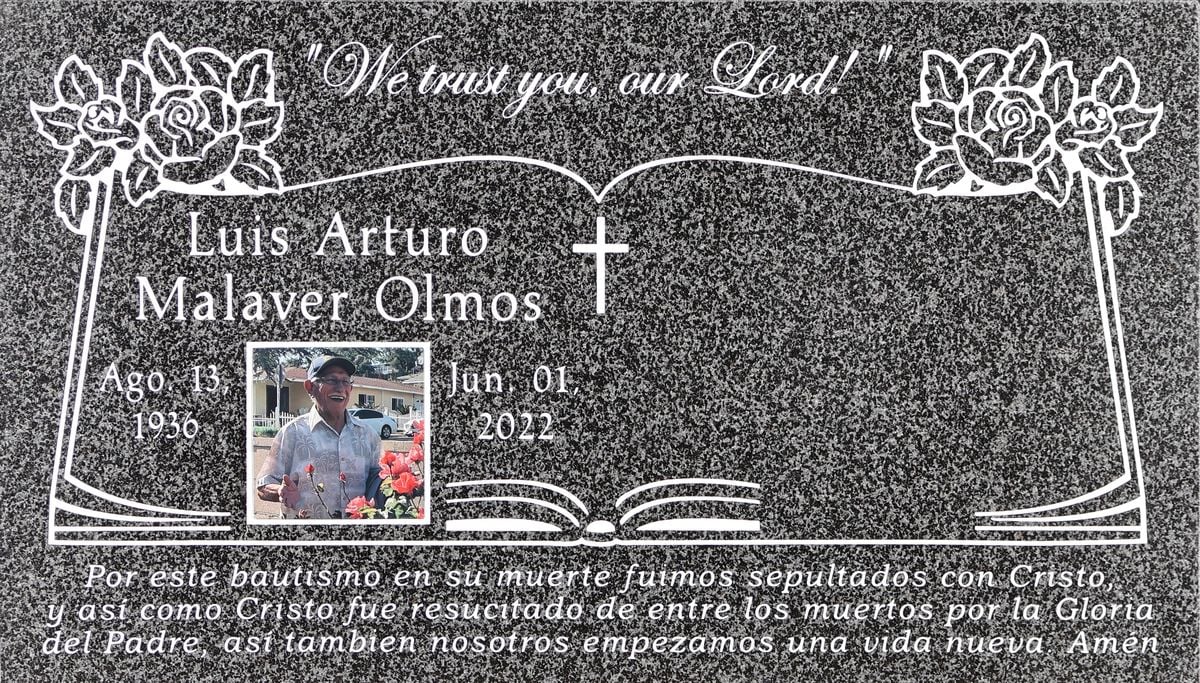 Oxford Gray granite headstone with open bible and roses, Malaver family, Queen of Heaven Catholic Cemetery