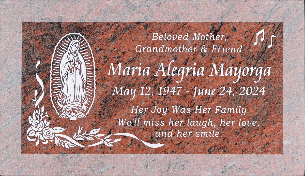 Red Multicolor granite memorial stone with guadalupe and music notes, Mayorga family, Pomona Valley Memorial Park
