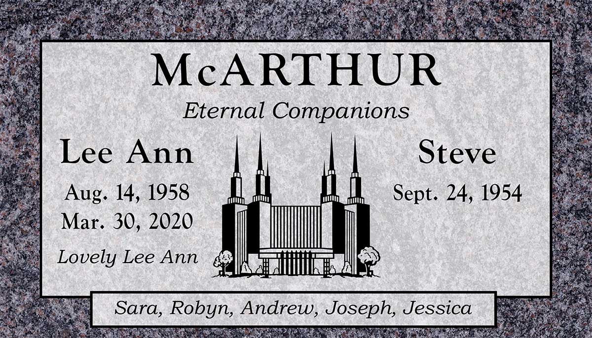 Tropical Green granite companion memorial marker with temple, McArthur family, El Toro Memorial Park