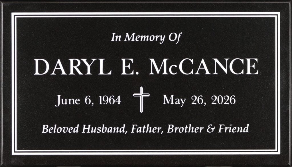 Black granite headstone with cross and line border, McCance family, Oakdale Memorial Park