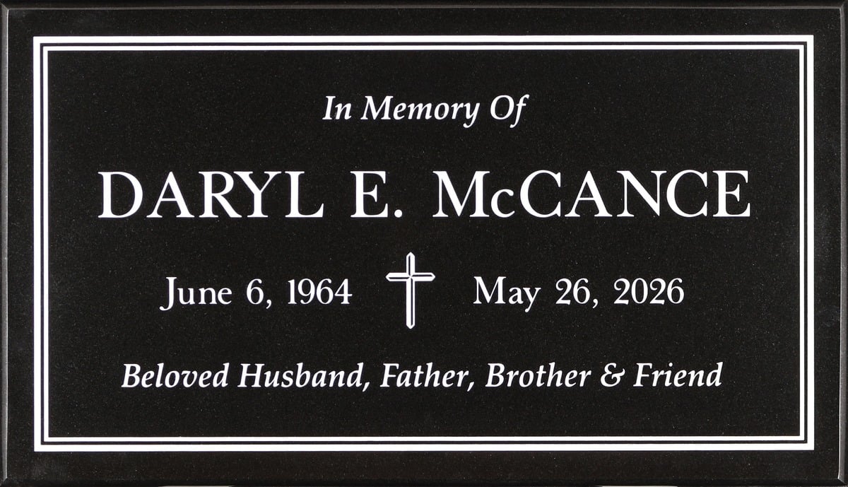 Black granite headstone with cross and line border, McCance family, Oakdale Memorial Park
