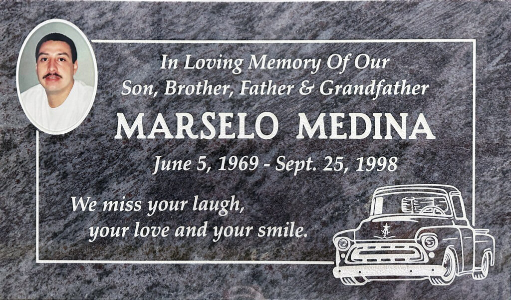 Bahama Blue granite gravestone with classic truck portrait, Medina family, Oak Park Cemetery