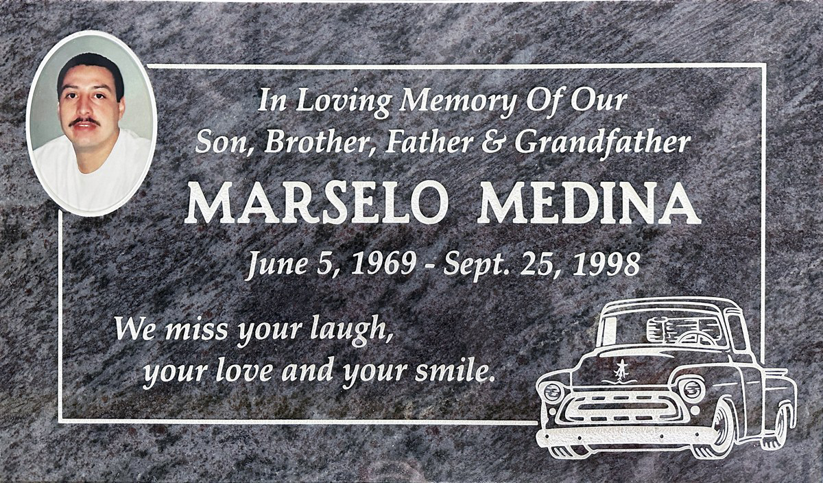 Bahama Blue granite gravestone with classic truck portrait, Medina family, Oak Park Cemetery