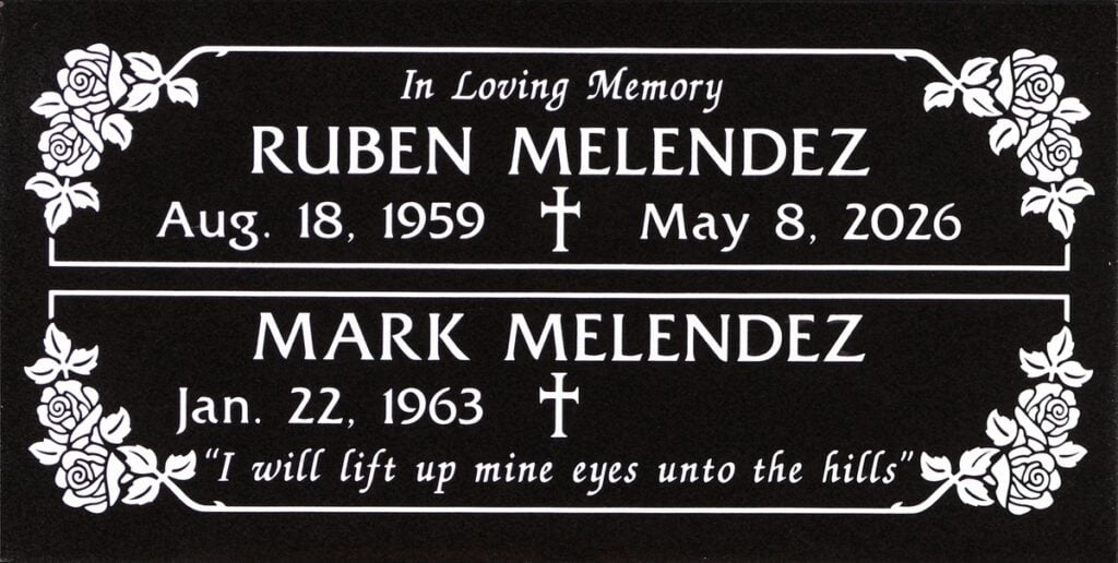 Black granite companion memorial with roses and crosses, Melendez family, Loma Vista Memorial Park