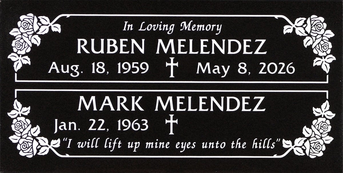 Black granite companion memorial with roses and crosses, Melendez family, Loma Vista Memorial Park