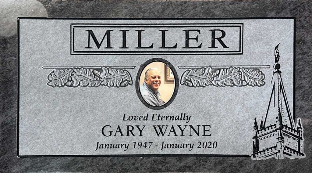 Bahama Blue granite memorial with oak leaf portrait, Miller family, El Toro Memorial Park