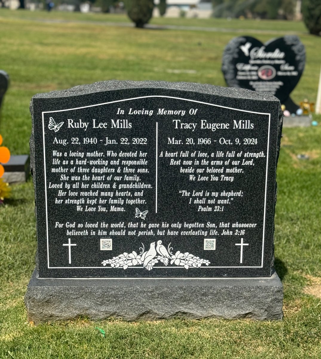 Oxford Gray granite companion upright monument with doves and crosses, Mills family