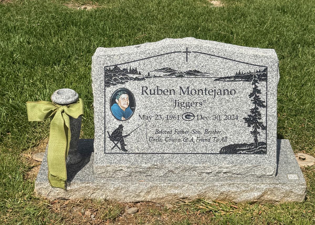 Southern White granite slant memorial with lake scene and fisherman, Montejano family