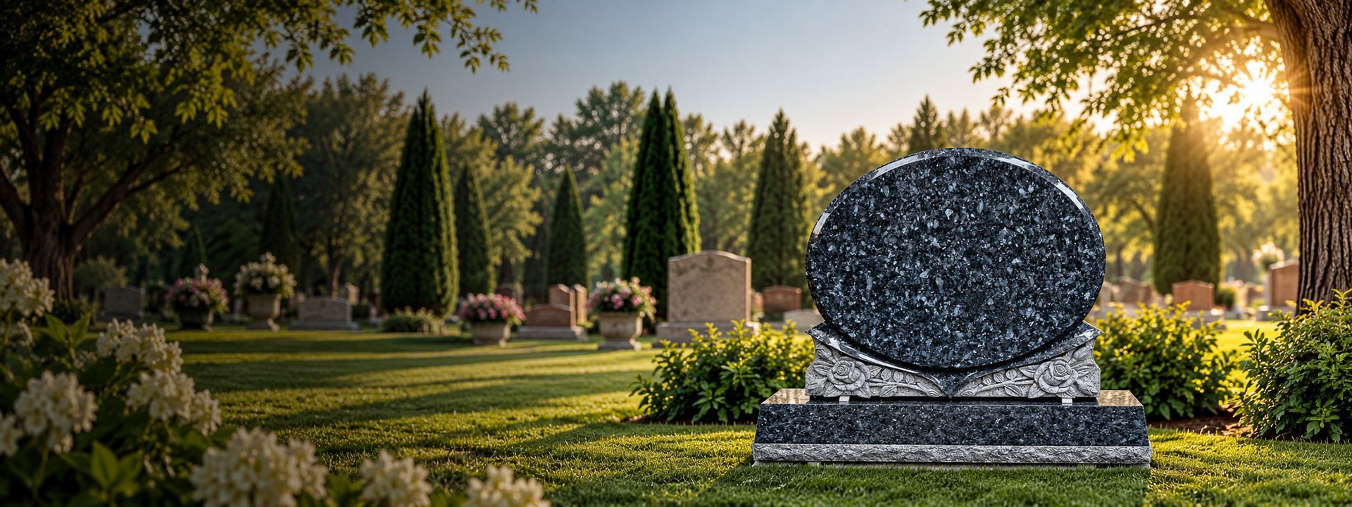 Blank blue pearl granite oval upright monument with carved rose base in a cemetery