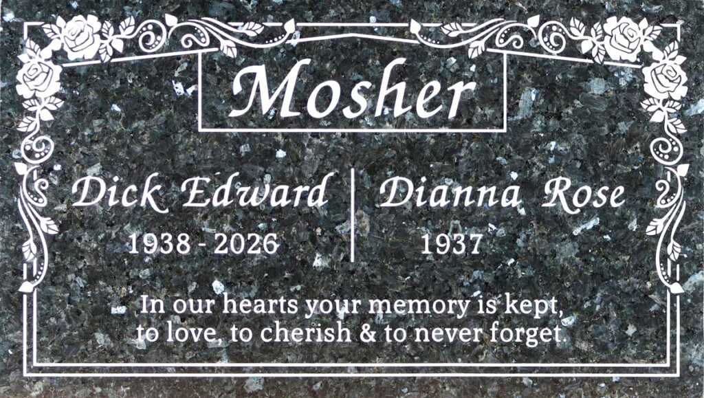 Emerald Pearl granite companion headstone with roses and scroll, Mosher family, Loma Vista Memorial Park