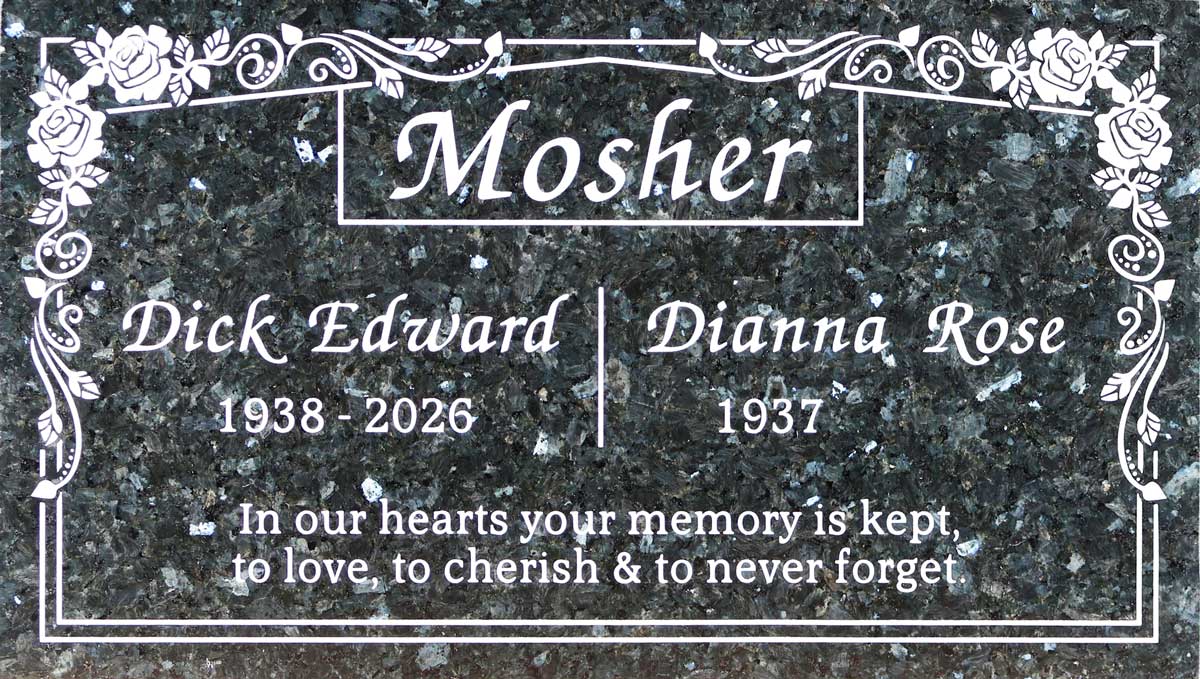 Emerald Pearl granite companion headstone with roses and scroll, Mosher family, Loma Vista Memorial Park