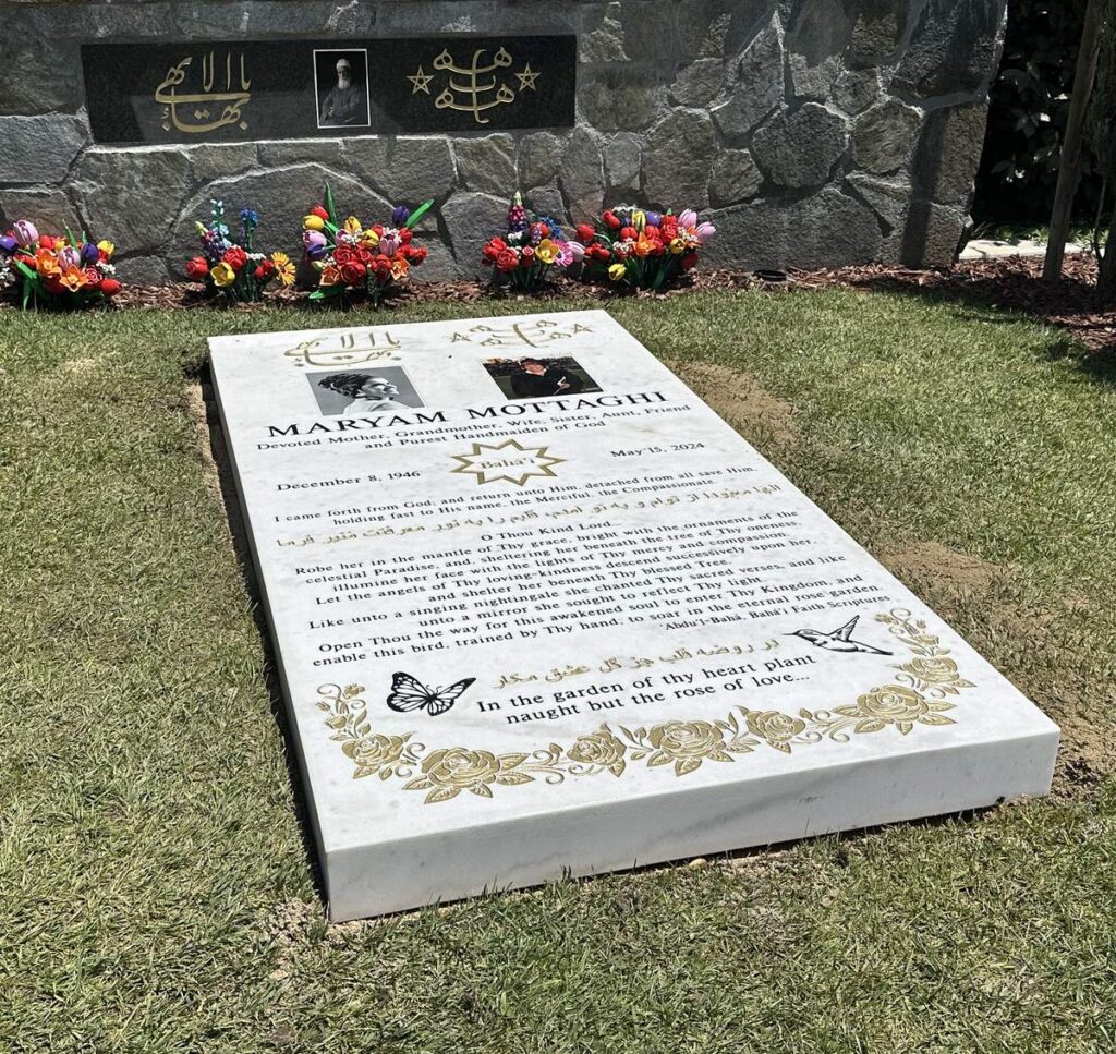 White Marble memorial marker with gold roses and portraits, Mottaghi family, Oak Park Cemetery