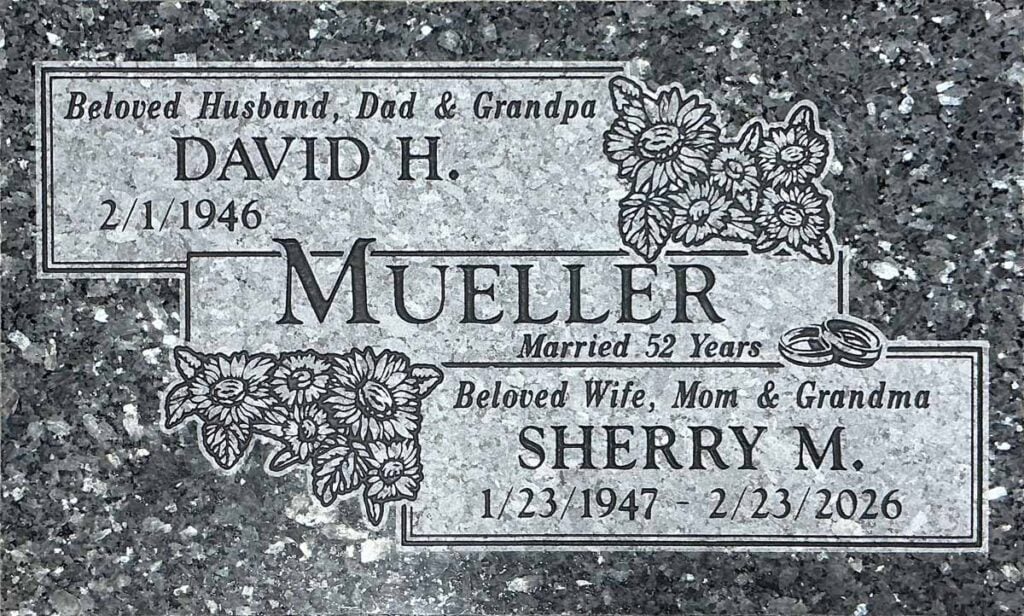 Blue Pearl granite companion grave memorial with sunflowers and wedding rings, Mueller family, Bellevue Memorial Park