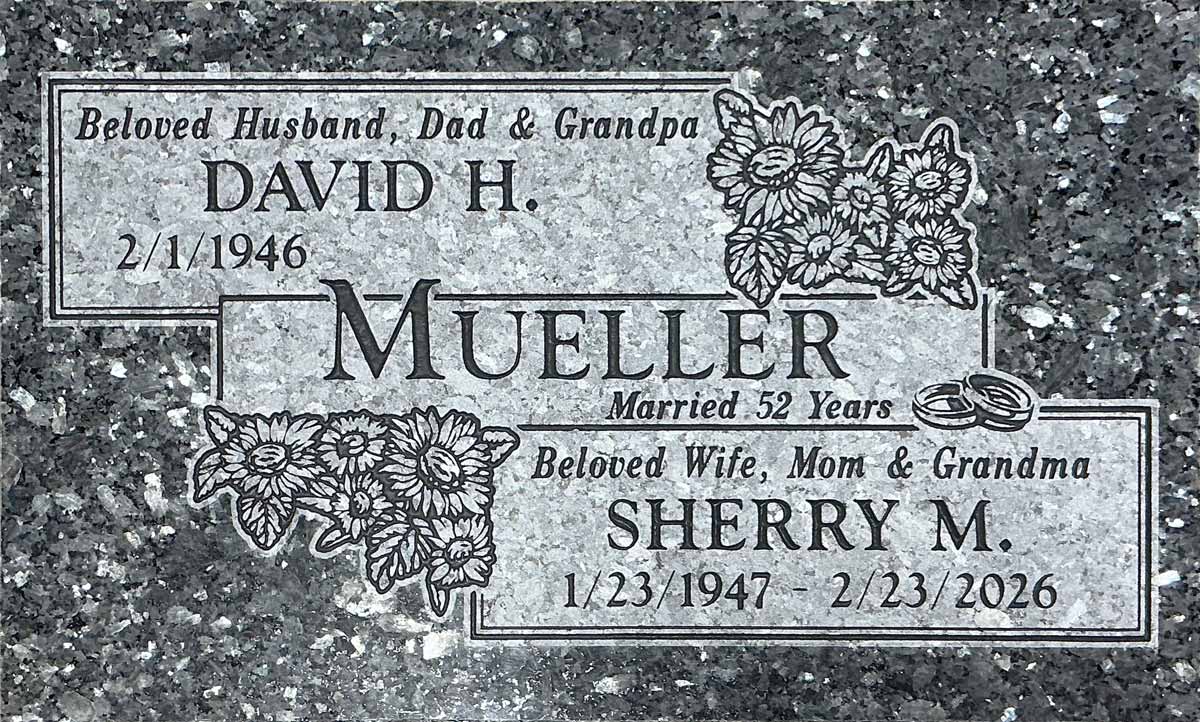 Blue Pearl granite companion grave memorial with sunflowers and wedding rings, Mueller family, Bellevue Memorial Park