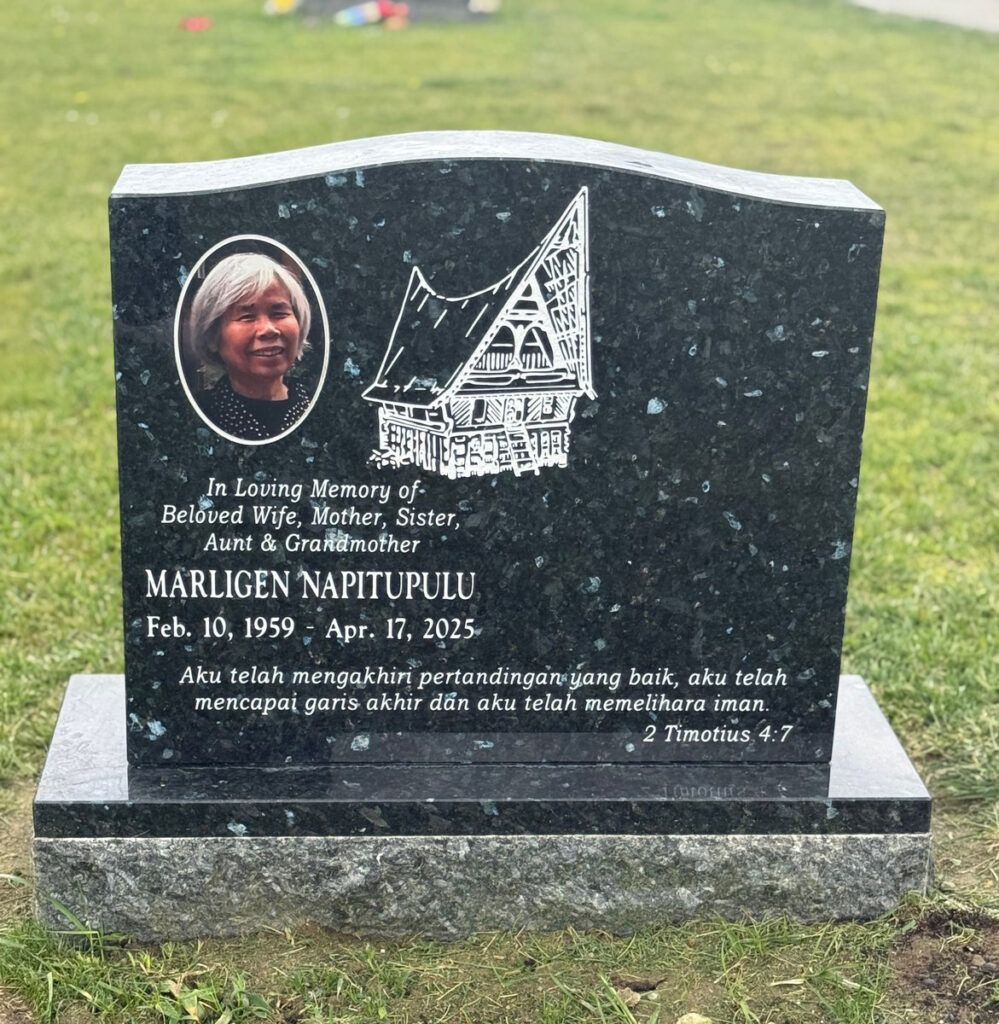 Emerald Pearl granite upright monument with traditional house portrait, Napitupulu family, Oak Park Cemetery